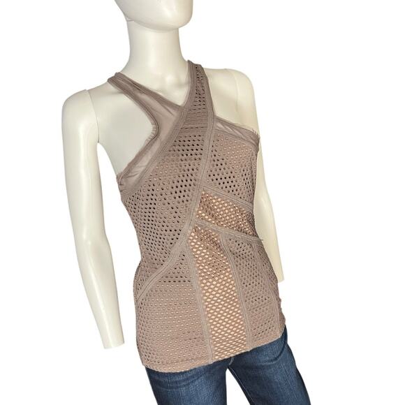 BCBG Maxazria Katlin Grey Taupe Mesh Overlay Tank Top Blouse Size Small - Picture 2 of 7